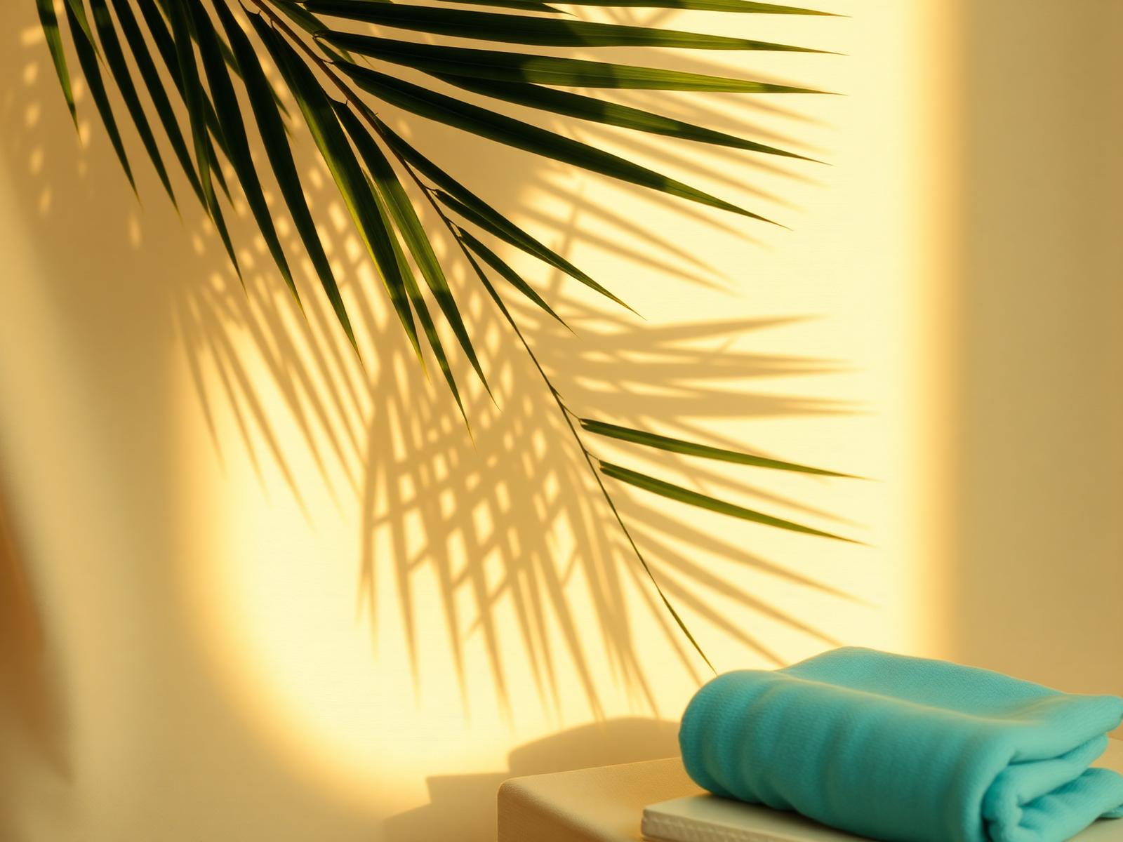 Warmes Sommerlicht mit Palmenschatten und türkisfarbenem Handtuch im Studio